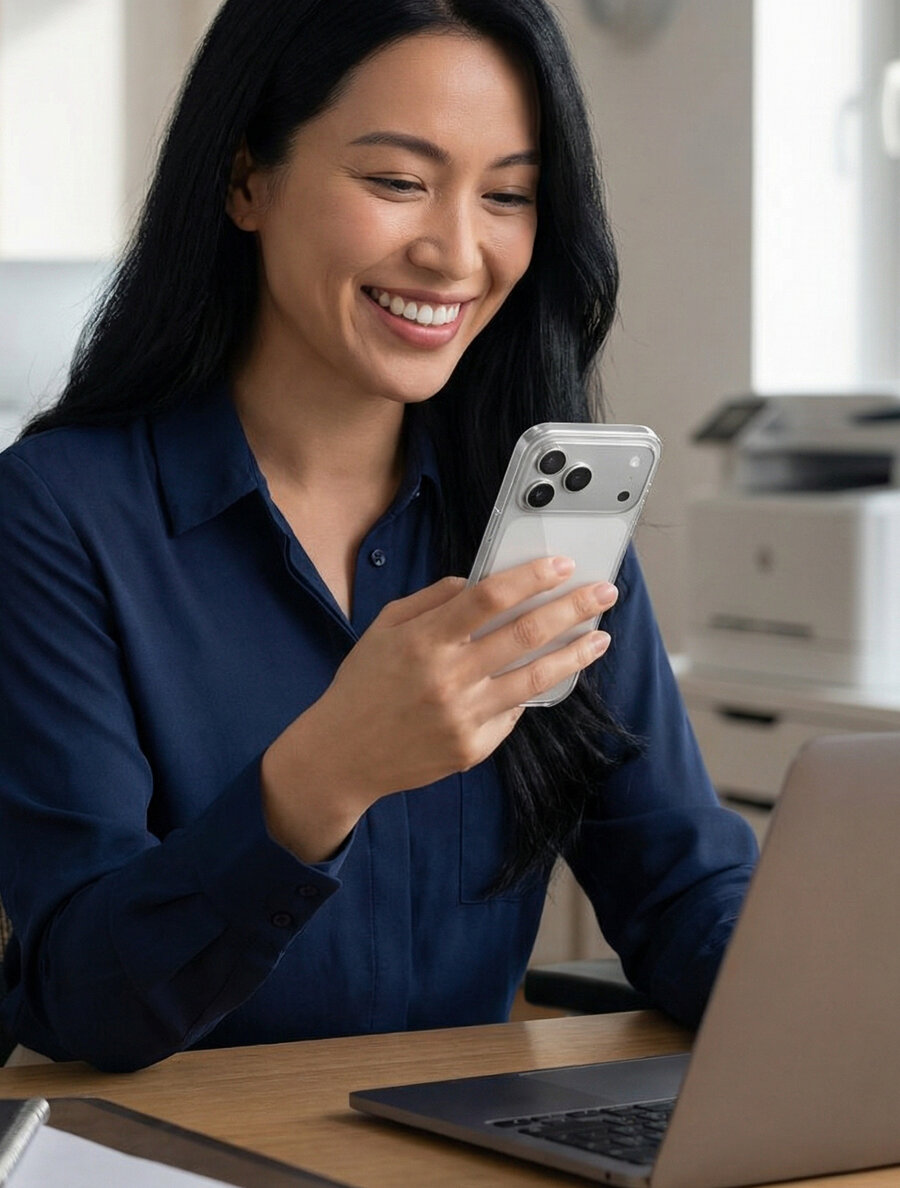 Pessoa sorrindo com celular