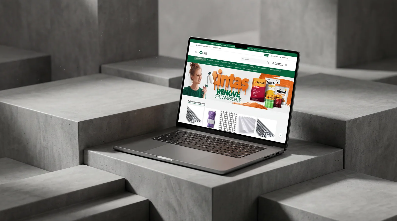 Mockup do e-commerce da Gasparin exibido em notebook, com a loja de tintas em destaque
